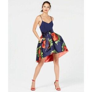 New Teezeme Navy Blue Red Floral High-Low Fit & Flare Dress Size 5/6